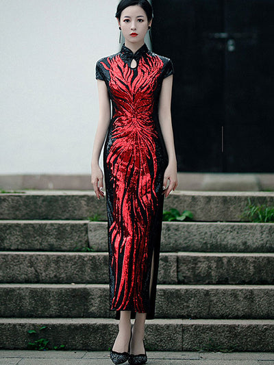 Bridal Mother's Sequined Ankle-Length Cheongsam Qipao  Dress