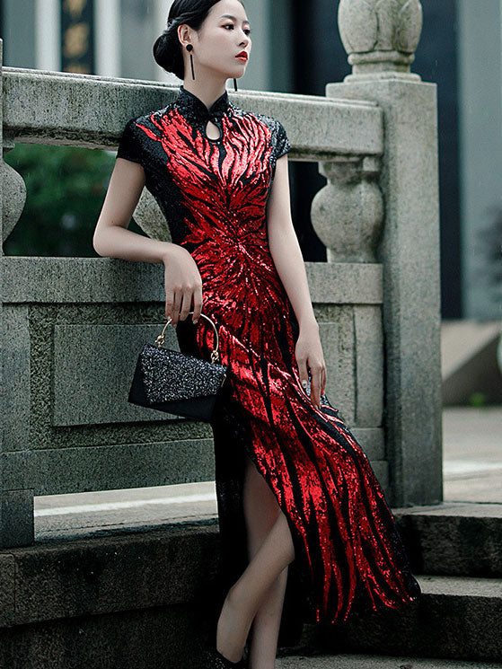 Bridal Mother's Sequined Ankle-Length Cheongsam Qipao  Dress