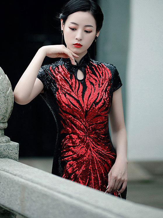 Bridal Mother's Sequined Ankle-Length Cheongsam Qipao  Dress