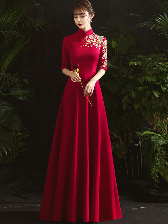 A-Line Floor Length Embroidered Qipao / Cheongsam Wedding Dress