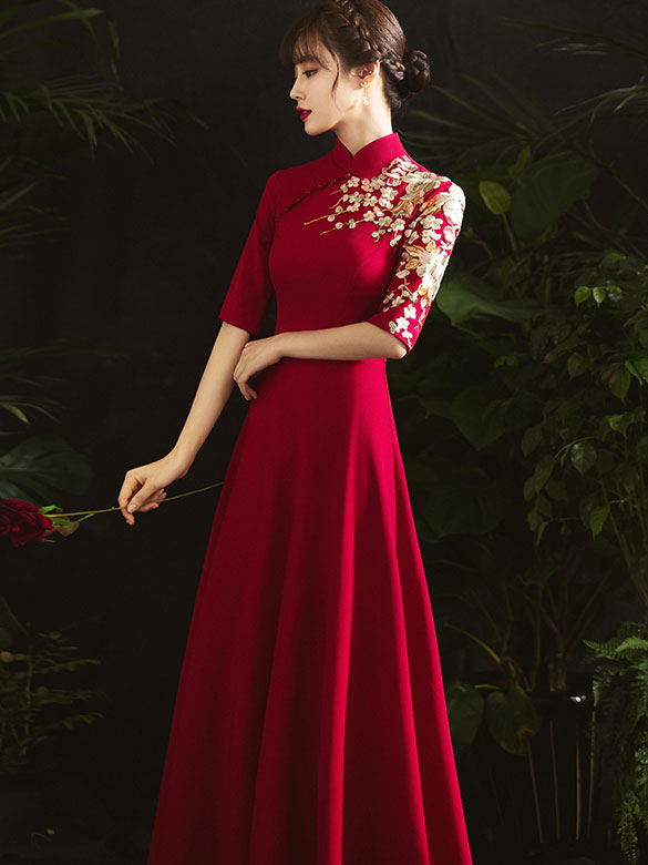 A-Line Floor Length Embroidered Qipao / Cheongsam Wedding Dress