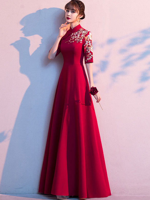 A-Line Floor Length Embroidered Qipao / Cheongsam Wedding Dress