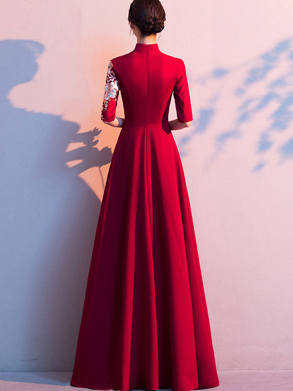 A-Line Floor Length Embroidered Qipao / Cheongsam Wedding Dress