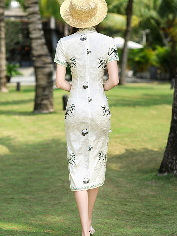 White Pink Lace Embroidered Panda Cheongsam Qi Pao Dress