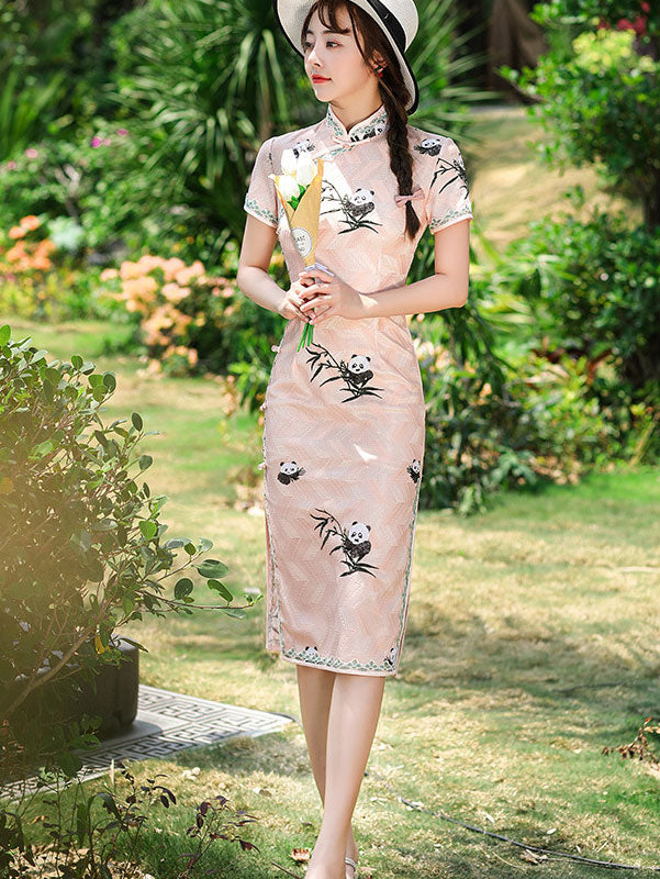 White Pink Lace Embroidered Panda Cheongsam Qi Pao Dress