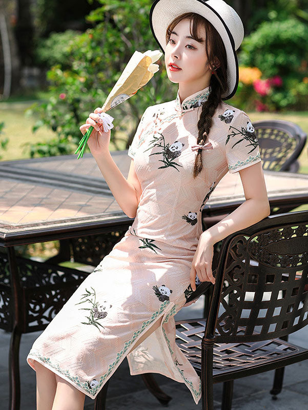 White Pink Lace Embroidered Panda Cheongsam Qi Pao Dress