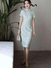 2021 Blue Yellow Lace Short Cheongsam Qi Pao Dress