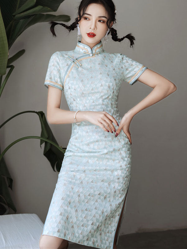 2021 Blue Yellow Lace Short Cheongsam Qi Pao Dress