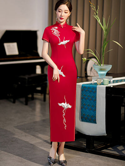 2021 Embroidered Cranes Cheongsam Qi Pao Dress
