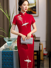 2021 Embroidered Cranes Cheongsam Qi Pao Dress