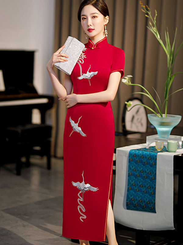 2021 Embroidered Cranes Cheongsam Qi Pao Dress