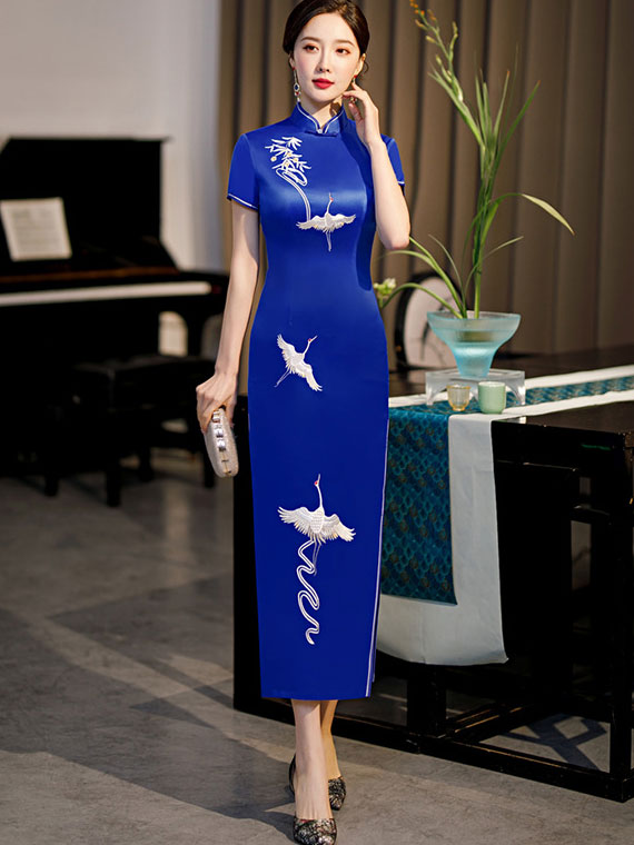 2021 Embroidered Cranes Cheongsam Qi Pao Dress