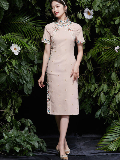 2021 Summer Pink Embroidered Cheongsam Qi Pao Dress