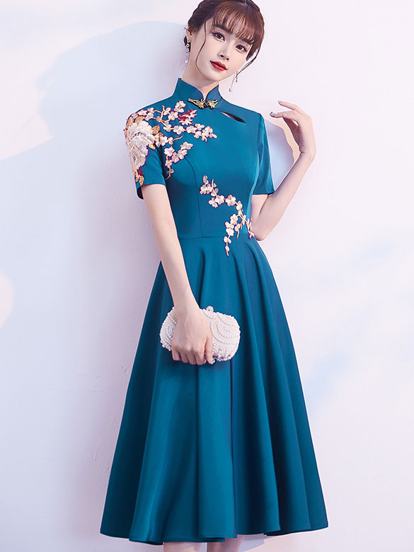 Blue Fit & Flare Cheongsam Qi Pao Party Dress