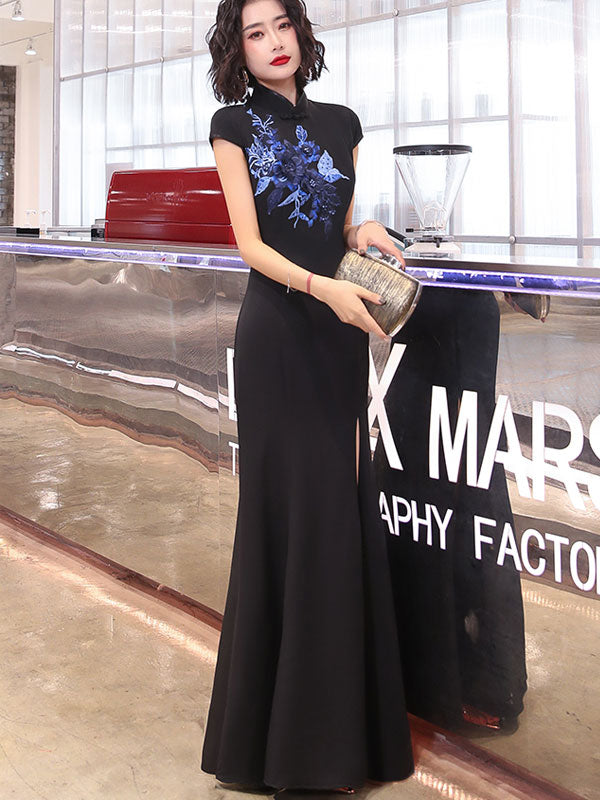 Black Split Front Fishtail Cheongsam Qi Pao Prom Dress
