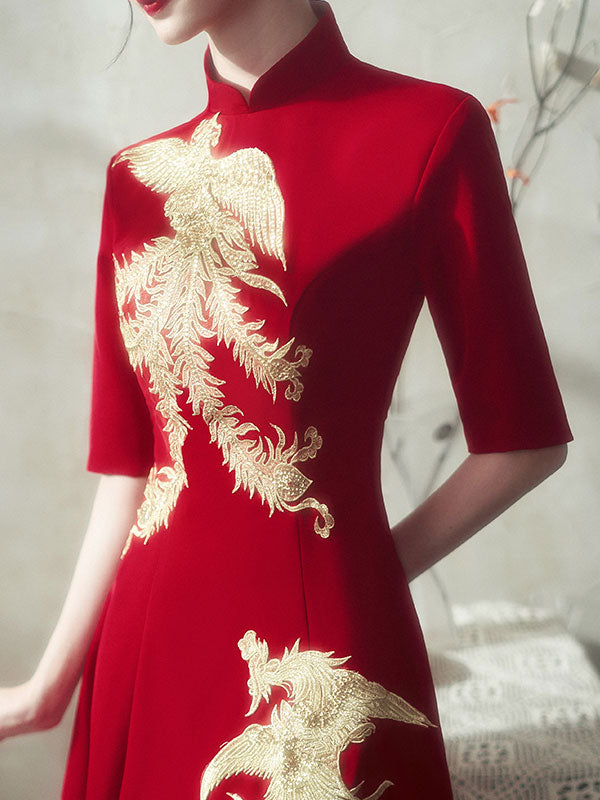 Burgundy A-Line Phoenix Cheongsam Qi Pao Wedding Dress