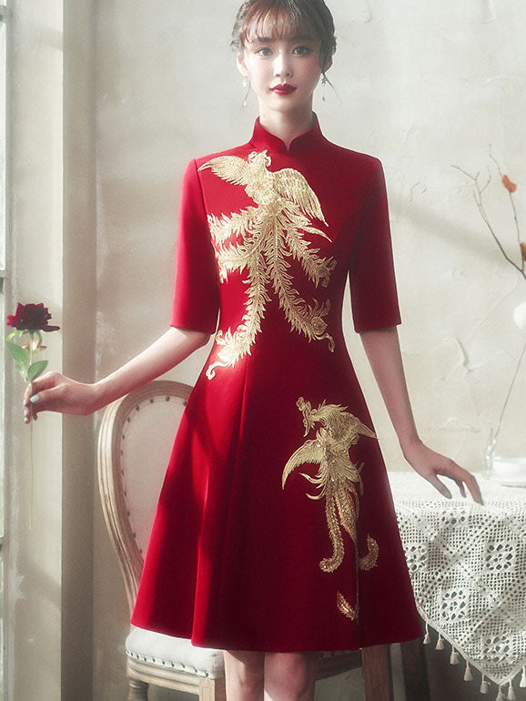 Burgundy A-Line Phoenix Cheongsam Qi Pao Wedding Dress