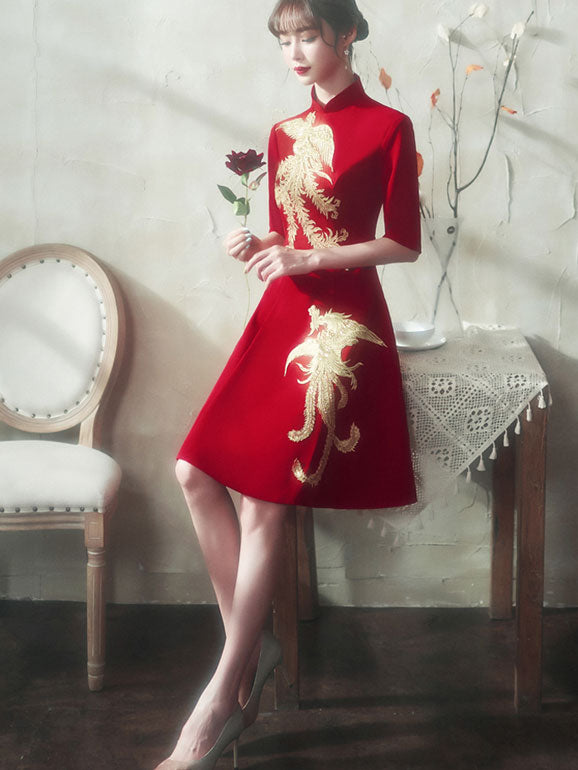 Burgundy A-Line Phoenix Cheongsam Qi Pao Wedding Dress