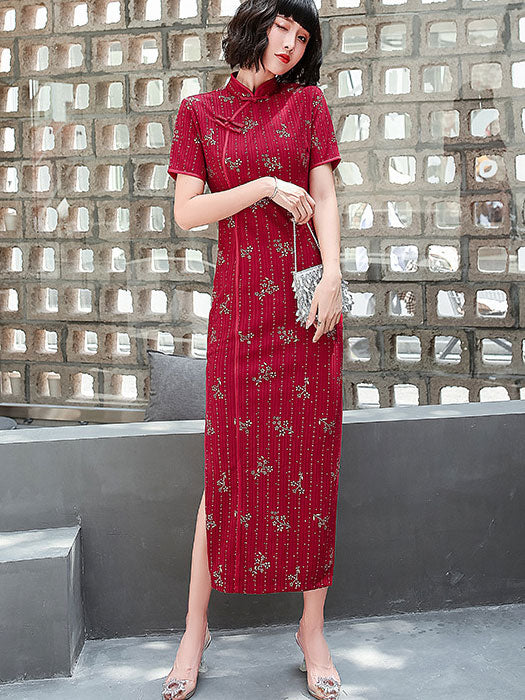 Red Blue Floral Ankle-Length Cheongsam Qi Pao Dress