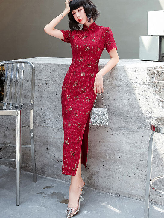 Red Blue Floral Ankle-Length Cheongsam Qi Pao Dress