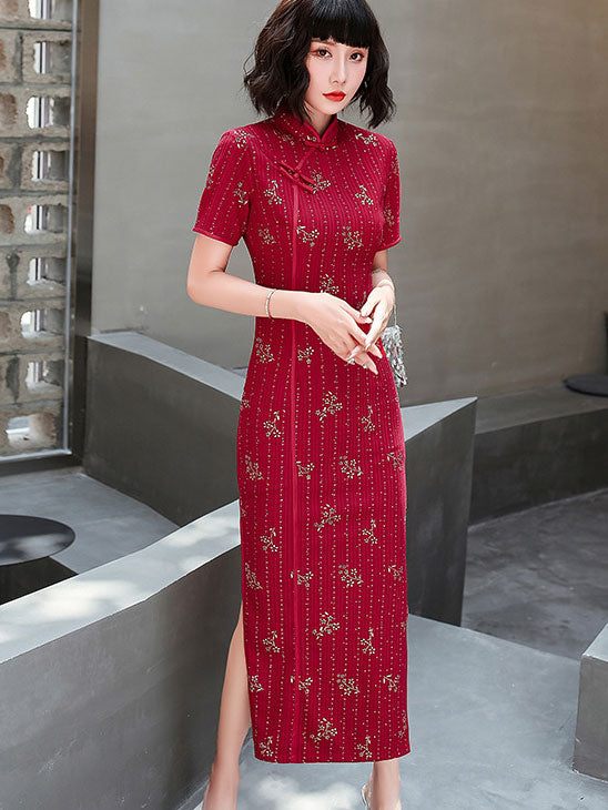 Red Blue Floral Ankle-Length Cheongsam Qi Pao Dress