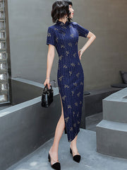 Red Blue Floral Ankle-Length Cheongsam Qi Pao Dress