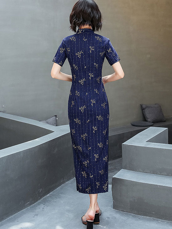 Red Blue Floral Ankle-Length Cheongsam Qi Pao Dress