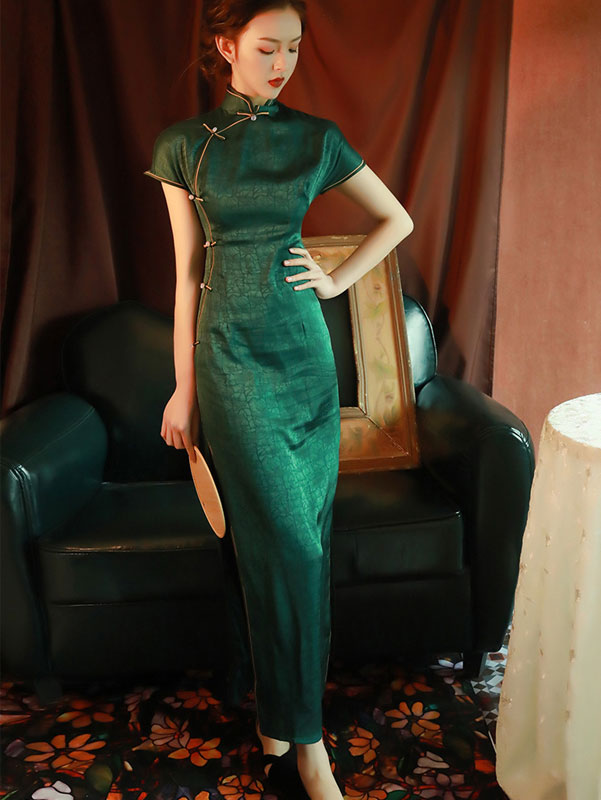 2022 Summer Green Jacquard Cheongsam Qi Pao Dress