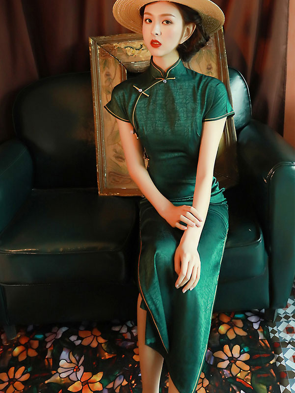 2022 Summer Green Jacquard Cheongsam Qi Pao Dress