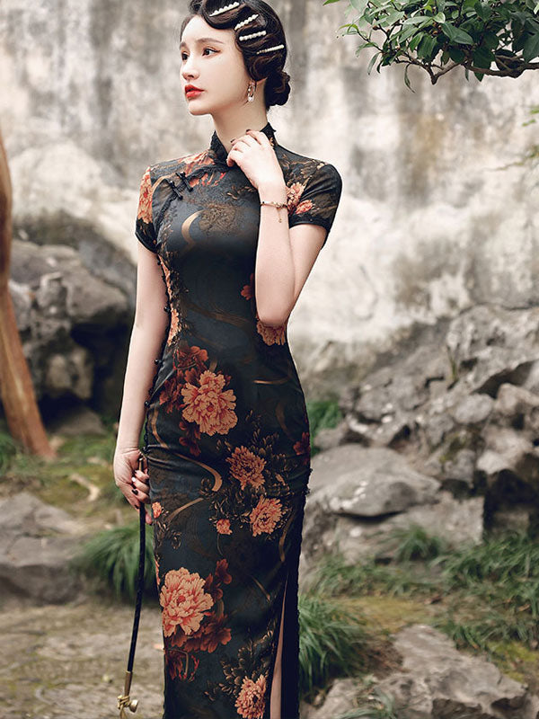 Mother's Floral Print Maxi Cheongsam Qi Pao Dress