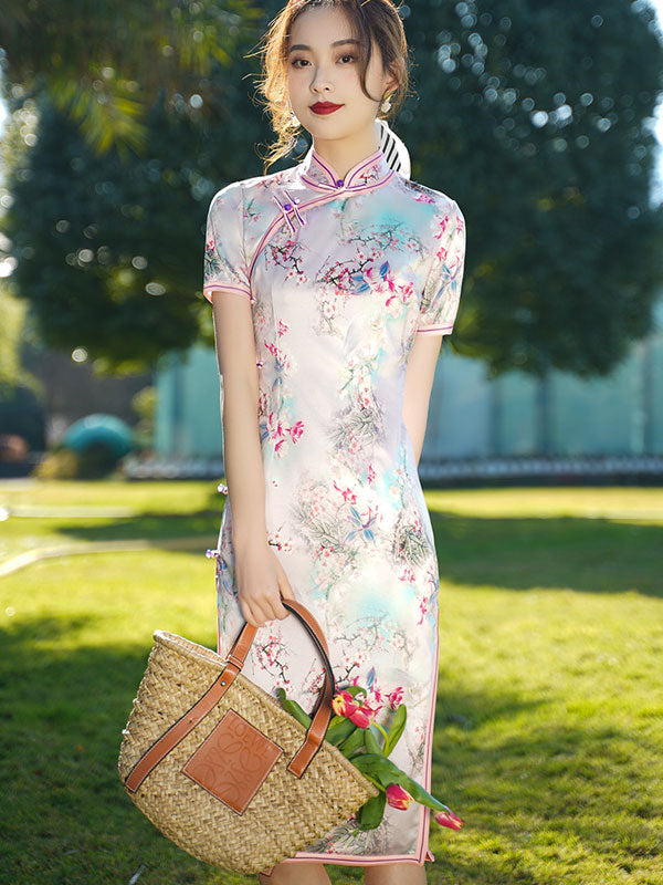Pink Floral Print Mid Cheongsam Qi Pao Dress
