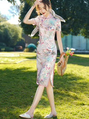Pink Floral Print Mid Cheongsam Qi Pao Dress