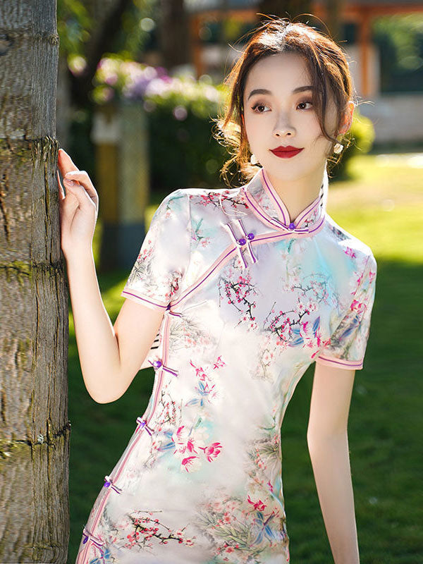Pink Floral Print Mid Cheongsam Qi Pao Dress