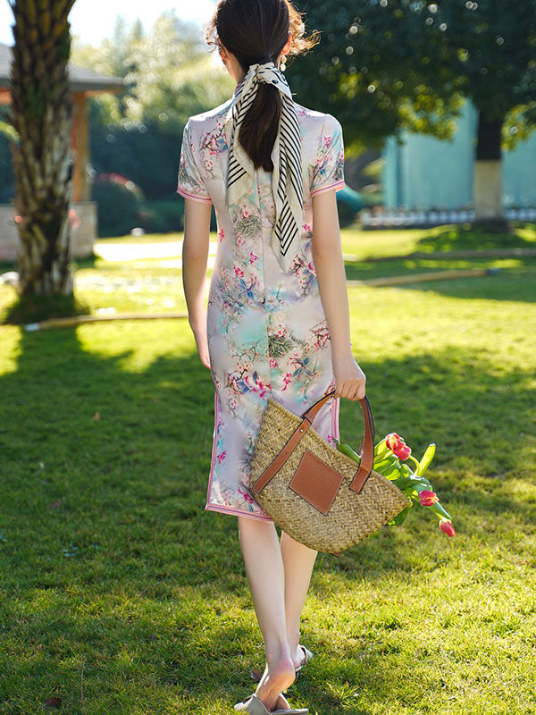 Pink Floral Print Mid Cheongsam Qi Pao Dress
