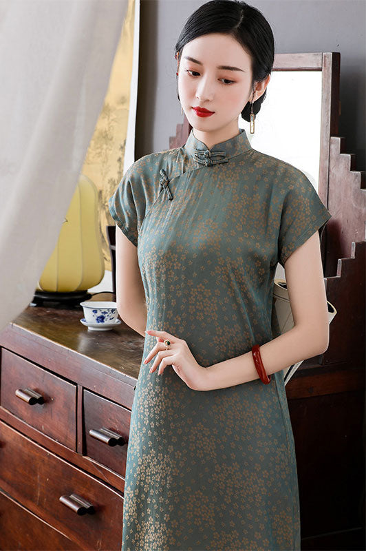 Blue Floral Tea-Length Cheongsam Qi Pao Dress