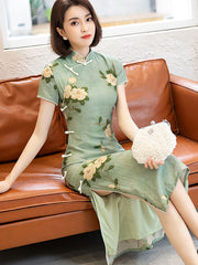 2022 Green Floral Tea-Length Cheongsam Qi Pao Dress