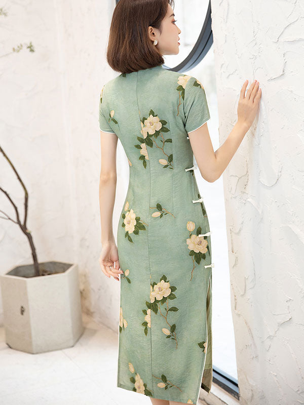 2022 Green Floral Tea-Length Cheongsam Qi Pao Dress