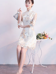 Champagne Embroidered A-line Cheongsam Qi Pao Dress
