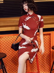 Red Printed Birds Mid Qi Pao Cheongsam Party Dress
