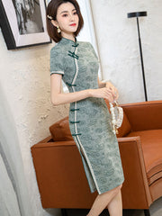 2021 Green Jacquard Lotus Qi Pao Cheongsam Dress