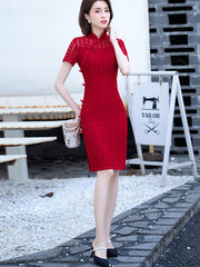 2021 Red Lace Illusion Modern Qi Pao Cheongsam Dress