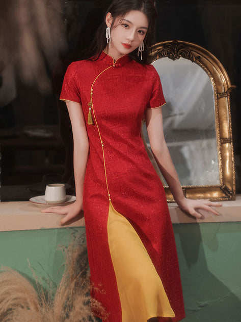 Red Lace Front Slit Cheongsam Qi Pao Wedding Dress - IMALLURE – imallure