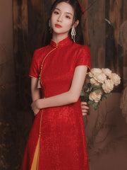 Red Lace Front Slit Cheongsam Qi Pao Wedding Dress