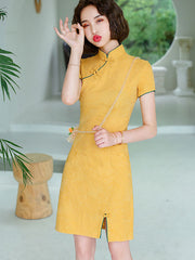 2021 Summer Yellow Linen Qi Pao Cheongsam Dress