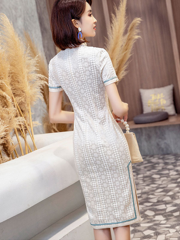 2021 Beige Lace Modern Cheongsam Qi Pao Dress