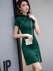 2021 Green Red Linen Qi Pao Cheongsam Dress