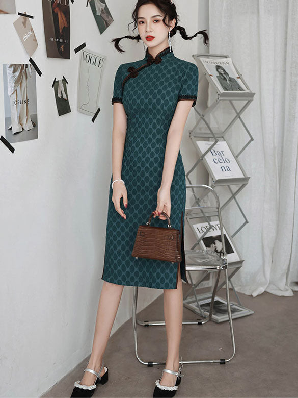 Green Dots Linen Midi Cheongsam Qi Pao Dress