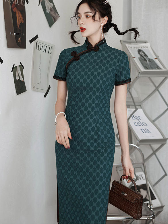 Green Dots Linen Midi Cheongsam Qi Pao Dress