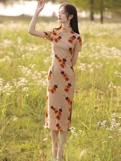 2021 Light Print Linen Cheongsam Qi Pao Dress