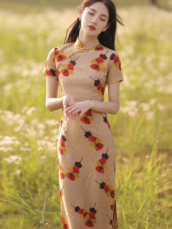 2021 Light Print Linen Cheongsam Qi Pao Dress